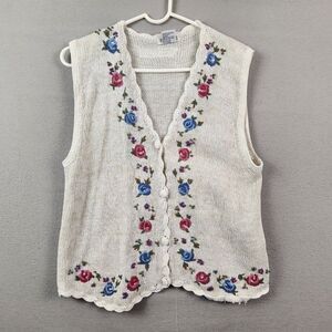 Vintage 90’s IC Isaacs Knit Sweater Vest White Cottage Core Floral Sz P/S